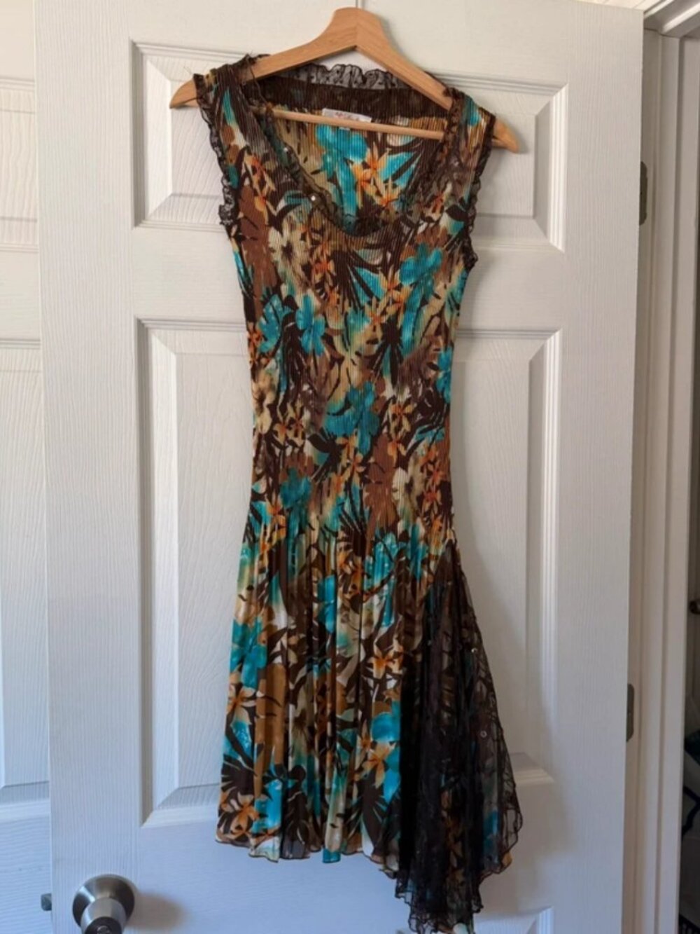 LINDI Y2K Floral Pleated Dress Womens Small Brown Turquoise Lace Sequin Asymmetr